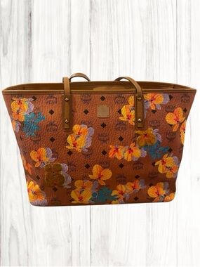MCM Limited Edition Patch Floral Cognac Visetos Top Zip Shopper Bag with COA